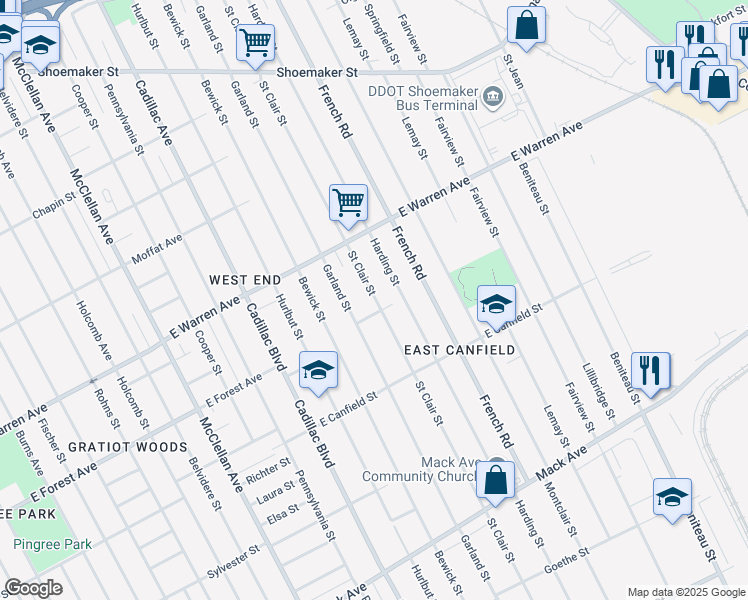 map of restaurants, bars, coffee shops, grocery stores, and more near 4763 Saint Clair Street in Detroit
