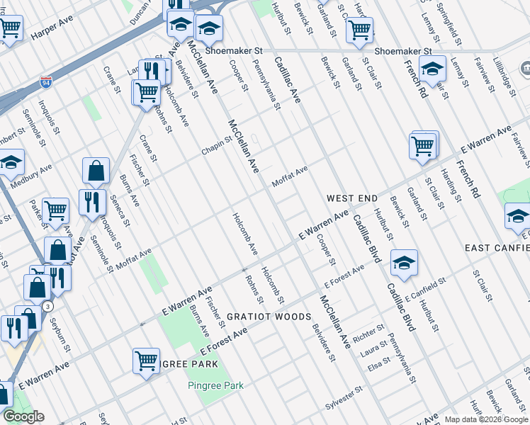 map of restaurants, bars, coffee shops, grocery stores, and more near 5156 Belvidere Street in Detroit