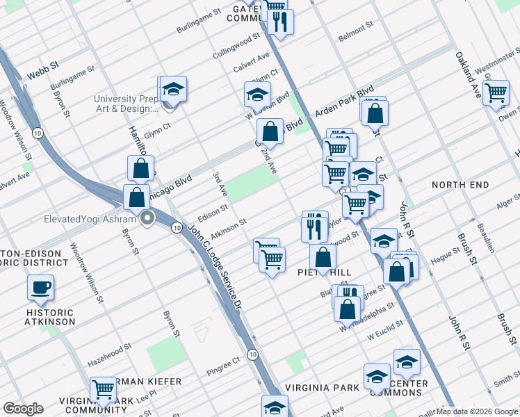 map of restaurants, bars, coffee shops, grocery stores, and more near 650 Atkinson Street in Detroit