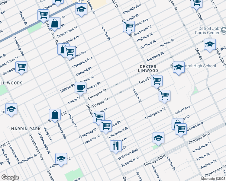 map of restaurants, bars, coffee shops, grocery stores, and more near 3023 Elmhurst Street in Detroit