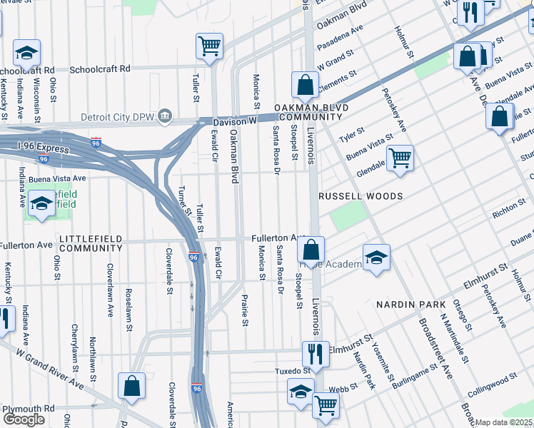 map of restaurants, bars, coffee shops, grocery stores, and more near 12695 Santa Rosa Drive in Detroit