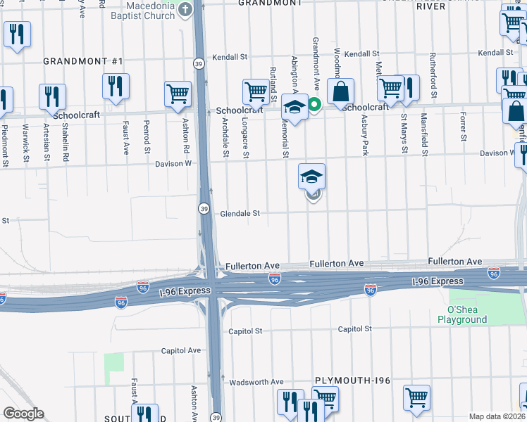 map of restaurants, bars, coffee shops, grocery stores, and more near 12817 Rutland Street in Detroit