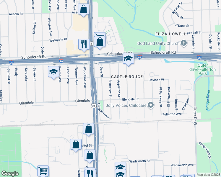 map of restaurants, bars, coffee shops, grocery stores, and more near 12909 Riverview Street in Detroit