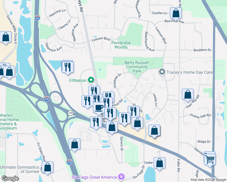 map of restaurants, bars, coffee shops, grocery stores, and more near 5420 Ebony Court in Gurnee