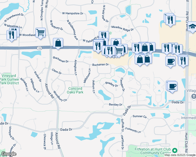 map of restaurants, bars, coffee shops, grocery stores, and more near 1549 Auburn Lane in Gurnee