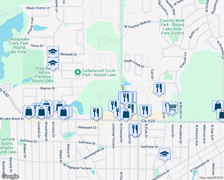 map of restaurants, bars, coffee shops, grocery stores, and more near 442 Meadow Green Lane in Round Lake Beach