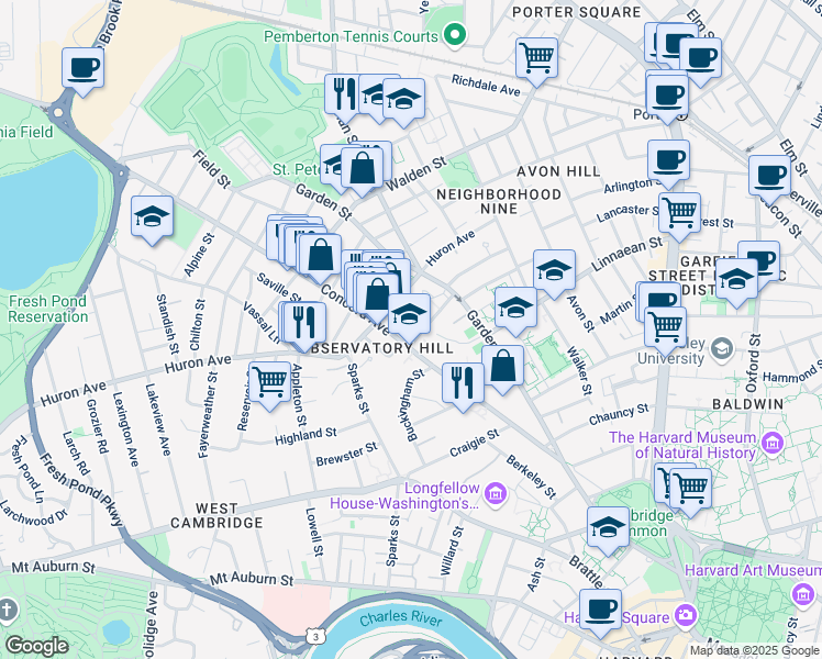 map of restaurants, bars, coffee shops, grocery stores, and more near 138-140 Huron Avenue in Cambridge
