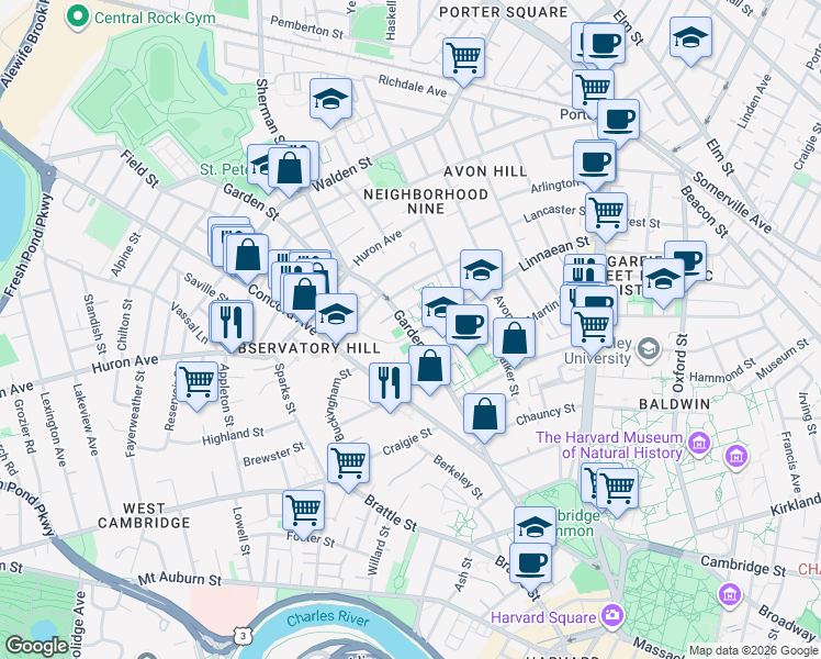 map of restaurants, bars, coffee shops, grocery stores, and more near Garden Street in Cambridge