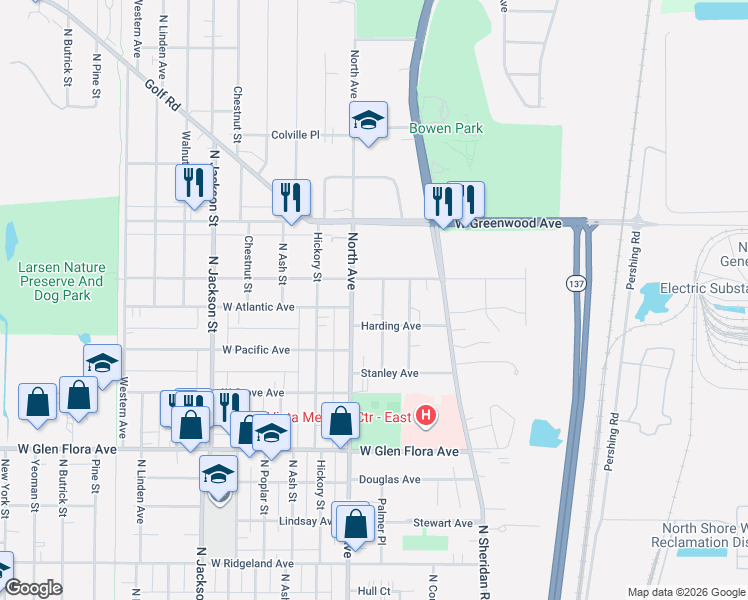 map of restaurants, bars, coffee shops, grocery stores, and more near 1611 North Avenue in Waukegan