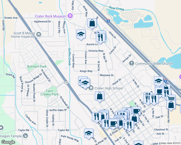 map of restaurants, bars, coffee shops, grocery stores, and more near 105 Kings Way in Central Point