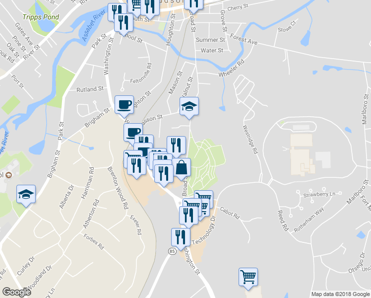 map of restaurants, bars, coffee shops, grocery stores, and more near 157 Broad Street in Hudson