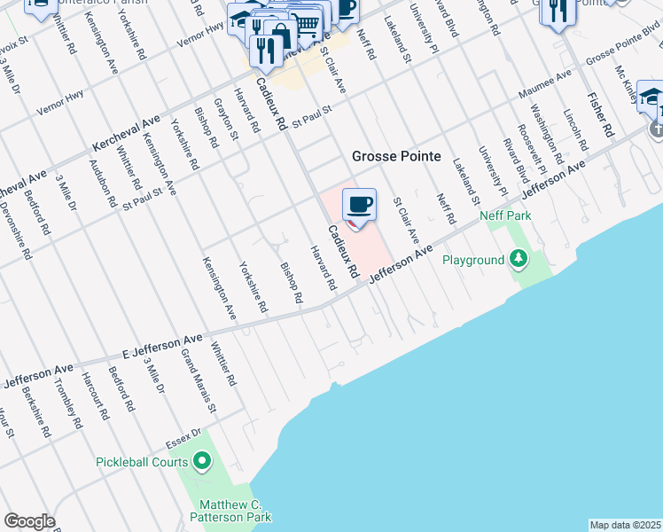 map of restaurants, bars, coffee shops, grocery stores, and more near 1000 Harvard Road in Grosse Pointe Park