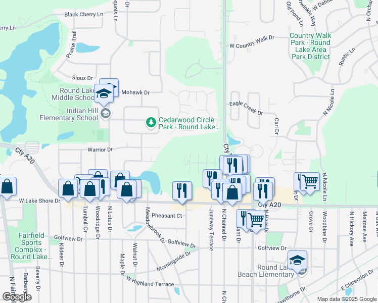 map of restaurants, bars, coffee shops, grocery stores, and more near 524 Meadow Green Lane in Round Lake Beach