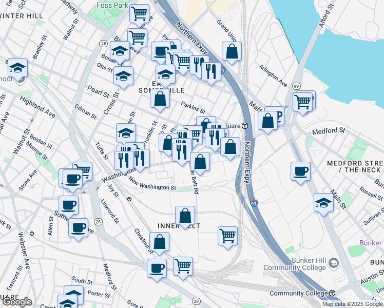 map of restaurants, bars, coffee shops, grocery stores, and more near 89 Mount Vernon Street in Somerville
