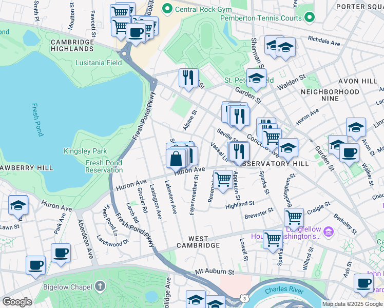 map of restaurants, bars, coffee shops, grocery stores, and more near 101 Fayerweather Street in Cambridge