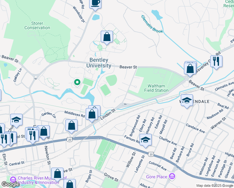 map of restaurants, bars, coffee shops, grocery stores, and more near 94 Marianne Road in Waltham