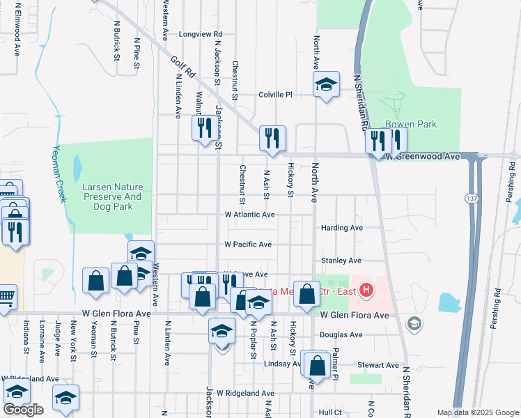 map of restaurants, bars, coffee shops, grocery stores, and more near 621 West Keith Avenue in Waukegan