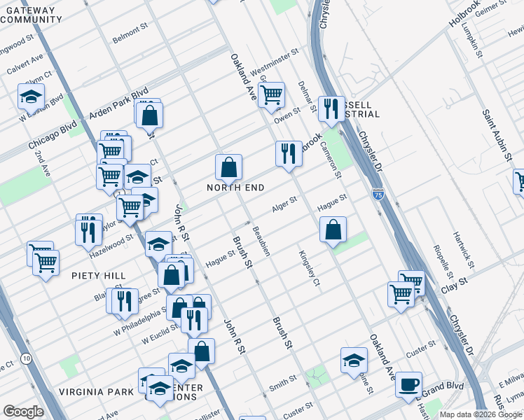 map of restaurants, bars, coffee shops, grocery stores, and more near 550 King Street in Detroit