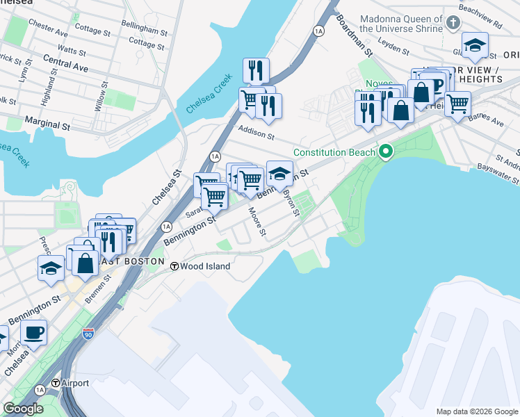map of restaurants, bars, coffee shops, grocery stores, and more near 55 Moore Street in Boston