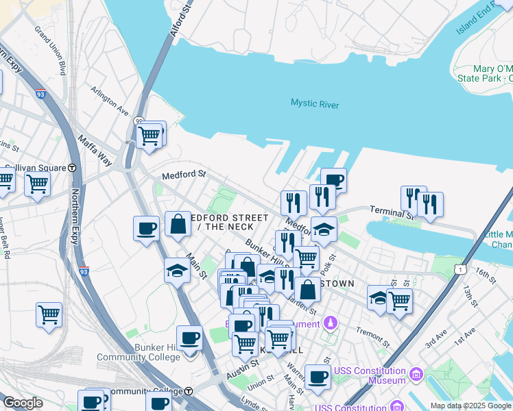 map of restaurants, bars, coffee shops, grocery stores, and more near 412 Medford Street in Boston