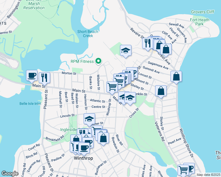 map of restaurants, bars, coffee shops, grocery stores, and more near 429 Winthrop Street in Winthrop