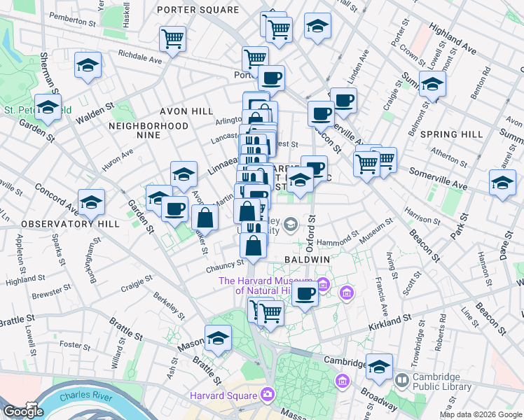map of restaurants, bars, coffee shops, grocery stores, and more near 1679 Massachusetts Avenue in Cambridge