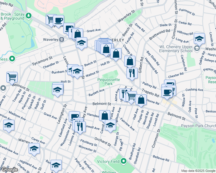map of restaurants, bars, coffee shops, grocery stores, and more near 81 Bartlett Avenue in Belmont