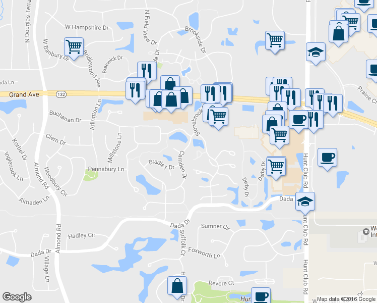 map of restaurants, bars, coffee shops, grocery stores, and more near 1571 Camden Drive in Gurnee