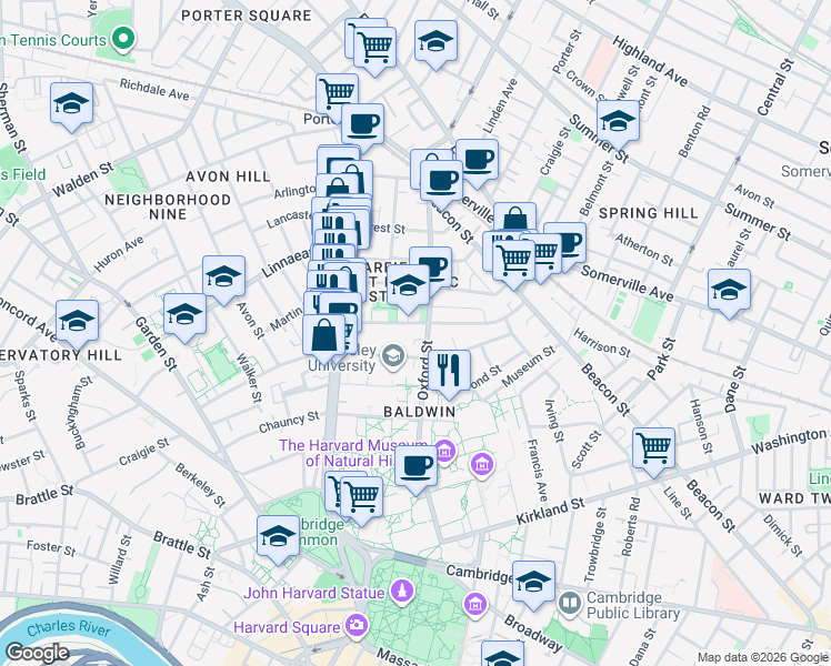 map of restaurants, bars, coffee shops, grocery stores, and more near 28 Sacramento Street in Cambridge