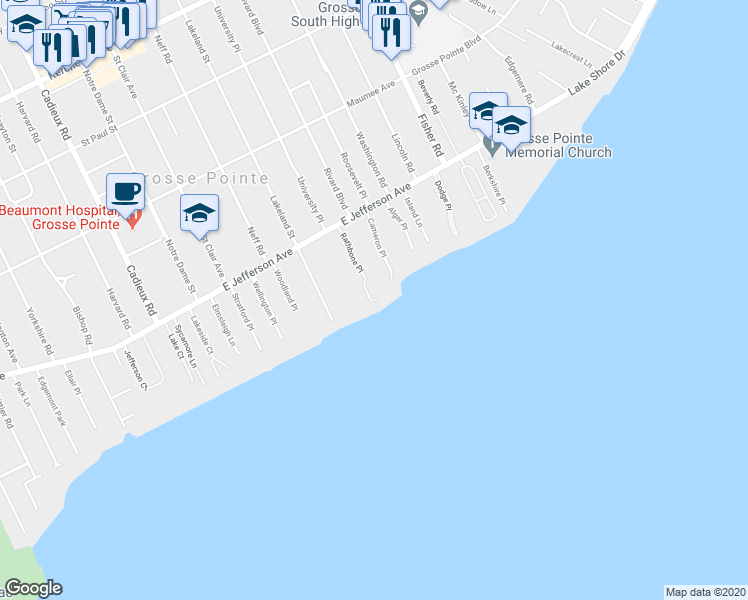 map of restaurants, bars, coffee shops, grocery stores, and more near 1 Martin Place in Grosse Pointe