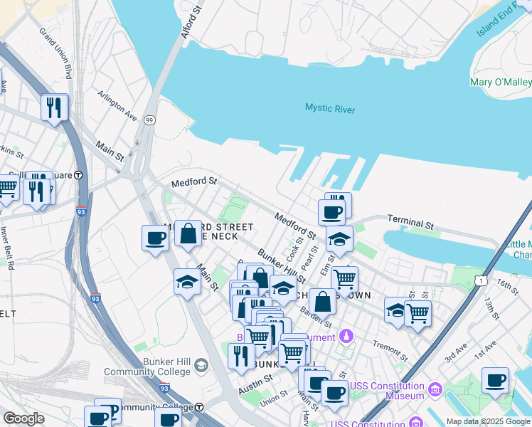 map of restaurants, bars, coffee shops, grocery stores, and more near 412 Medford Street in Boston