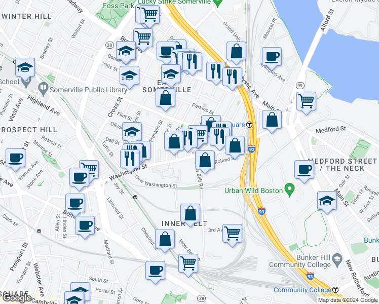 map of restaurants, bars, coffee shops, grocery stores, and more near 89 Mount Vernon Street in Somerville