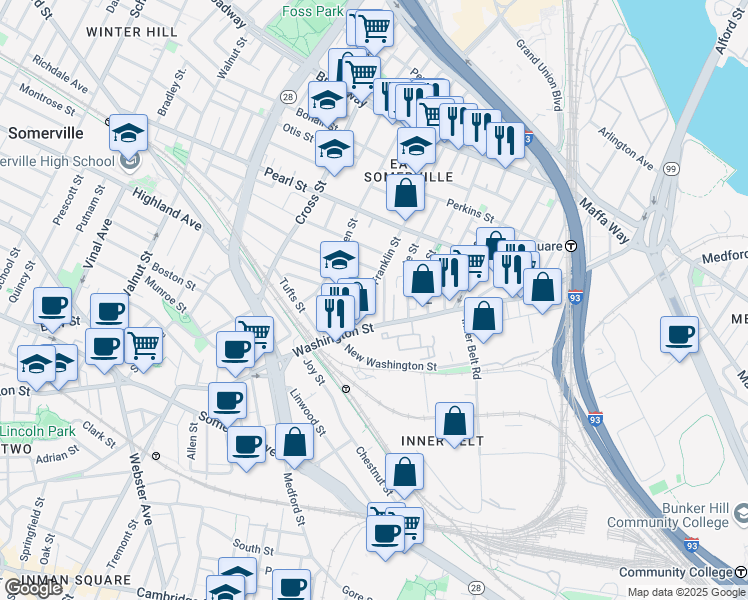 map of restaurants, bars, coffee shops, grocery stores, and more near 26 Franklin Avenue in Somerville