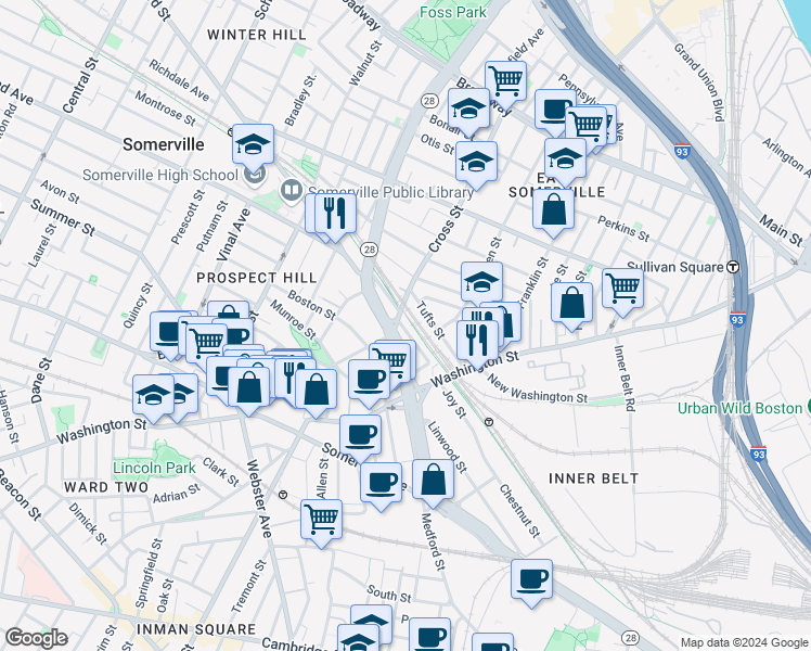 map of restaurants, bars, coffee shops, grocery stores, and more near 60 Tufts Street in Somerville