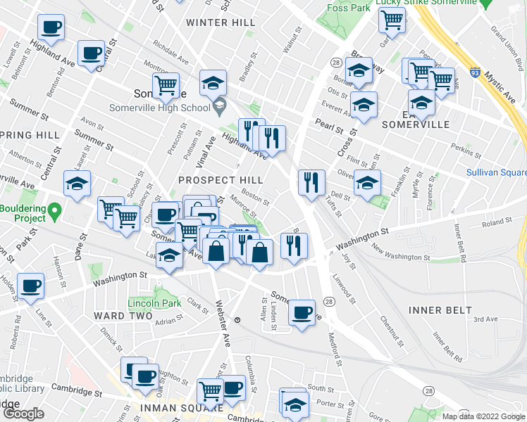 map of restaurants, bars, coffee shops, grocery stores, and more near 53 Boston Street in Somerville
