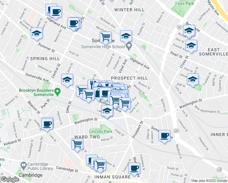 map of restaurants, bars, coffee shops, grocery stores, and more near 20 Summer Street in Somerville