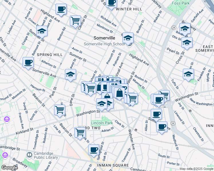 map of restaurants, bars, coffee shops, grocery stores, and more near 20 Summer Street in Somerville