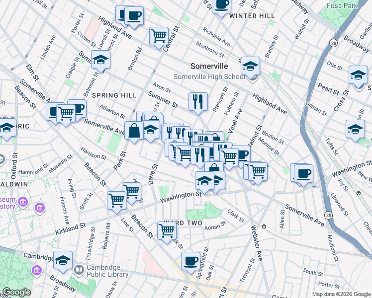 map of restaurants, bars, coffee shops, grocery stores, and more near 97 Kirkland Street in Cambridge