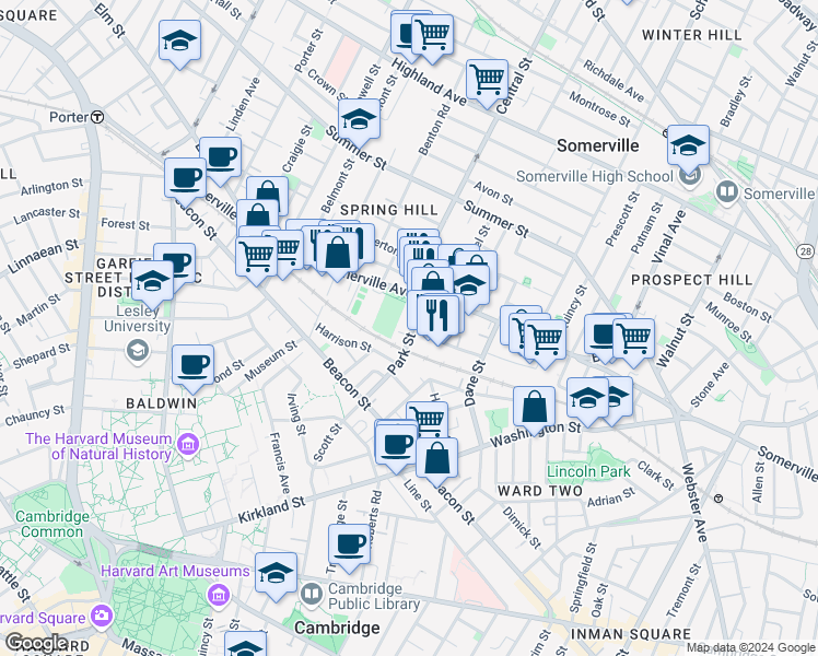 map of restaurants, bars, coffee shops, grocery stores, and more near 550 Somerville Avenue in Somerville