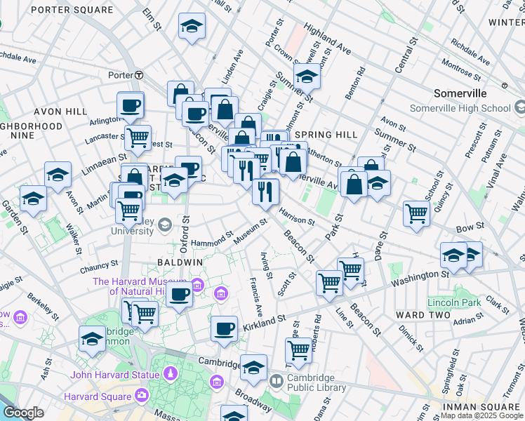 map of restaurants, bars, coffee shops, grocery stores, and more near 248 Beacon Street in Somerville