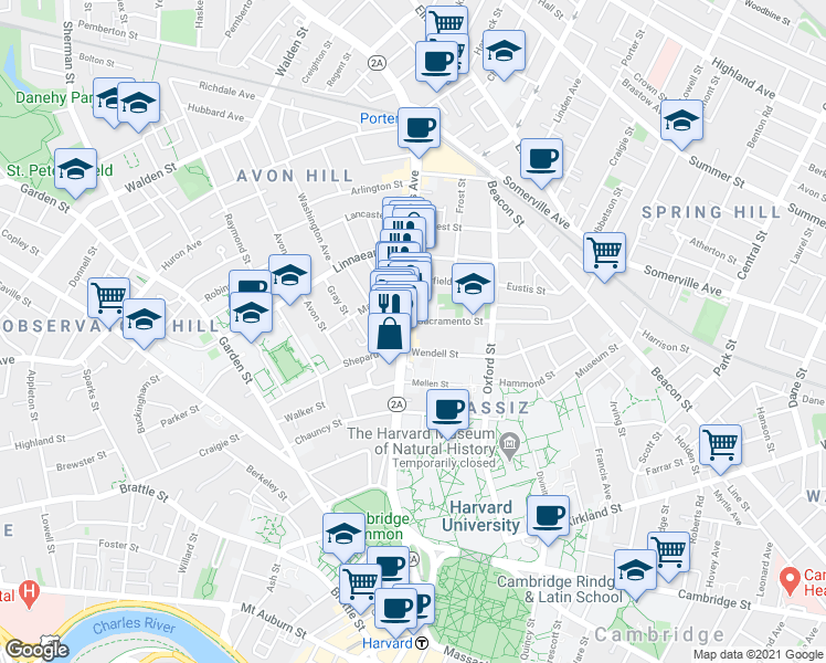 map of restaurants, bars, coffee shops, grocery stores, and more near 1679 Massachusetts Avenue in Cambridge