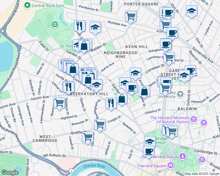 map of restaurants, bars, coffee shops, grocery stores, and more near 28 Madison Street in Cambridge