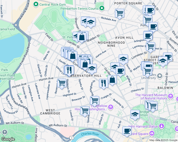 map of restaurants, bars, coffee shops, grocery stores, and more near 138-140 Huron Avenue in Cambridge