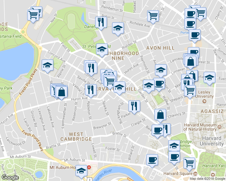 map of restaurants, bars, coffee shops, grocery stores, and more near 138-140 Huron Avenue in Cambridge