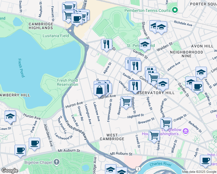 map of restaurants, bars, coffee shops, grocery stores, and more near 101 Fayerweather Street in Cambridge