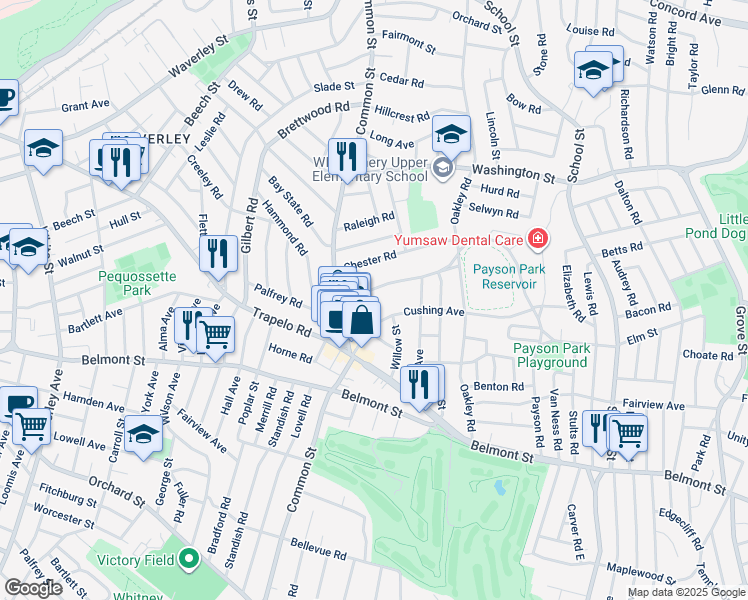 map of restaurants, bars, coffee shops, grocery stores, and more near 37 Payson Road in Belmont