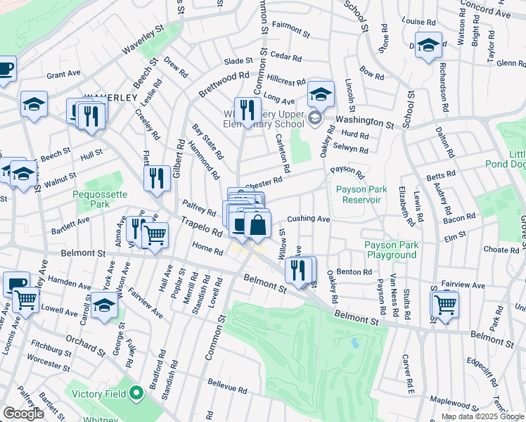 map of restaurants, bars, coffee shops, grocery stores, and more near 37 Payson Road in Belmont