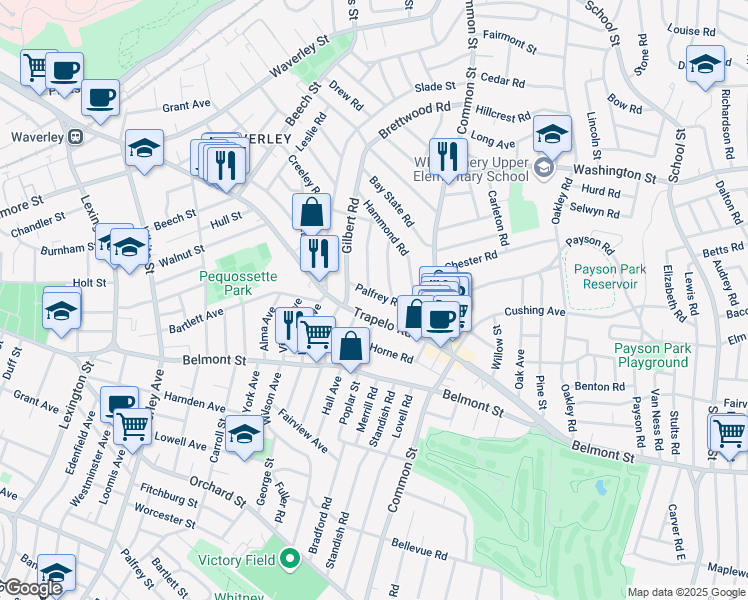 map of restaurants, bars, coffee shops, grocery stores, and more near 1 Winslow Road in Belmont