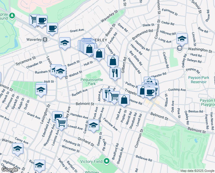 map of restaurants, bars, coffee shops, grocery stores, and more near 17 Bartlett Avenue in Belmont