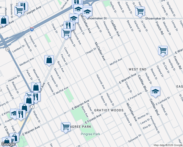 map of restaurants, bars, coffee shops, grocery stores, and more near 5323 Rohns Street in Detroit